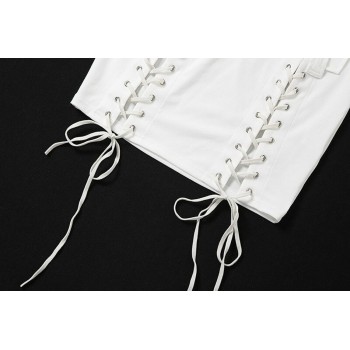 Simenual Lace Up Pockets Bandage Cargo Mini Dresses Streetwear White Short Sleeve Baddie Clothes Bodycon Club Dress Summer 2021